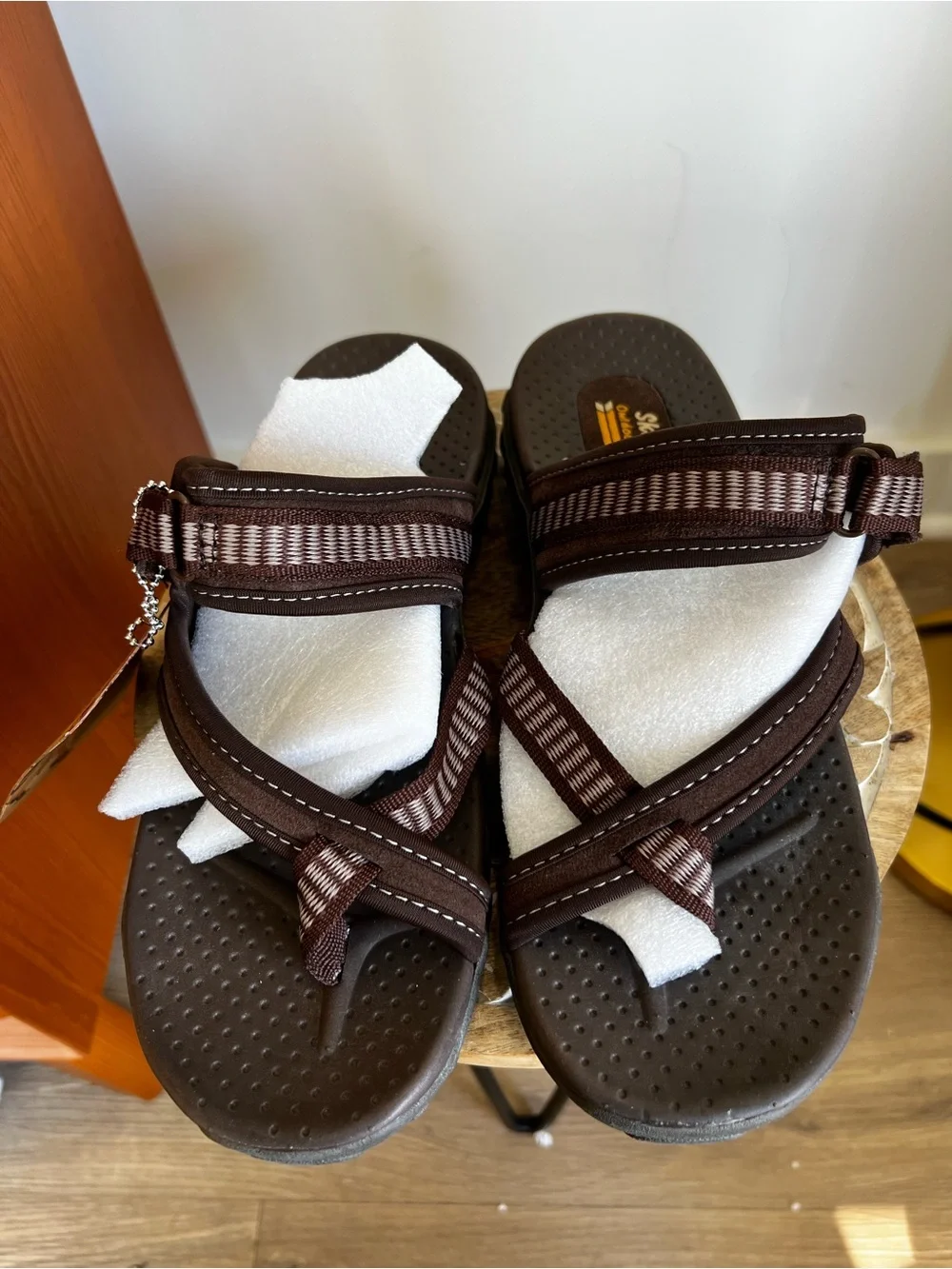 Skechers Reggaes Woman’s Dark Brown Plaid Strap Slide Sandals